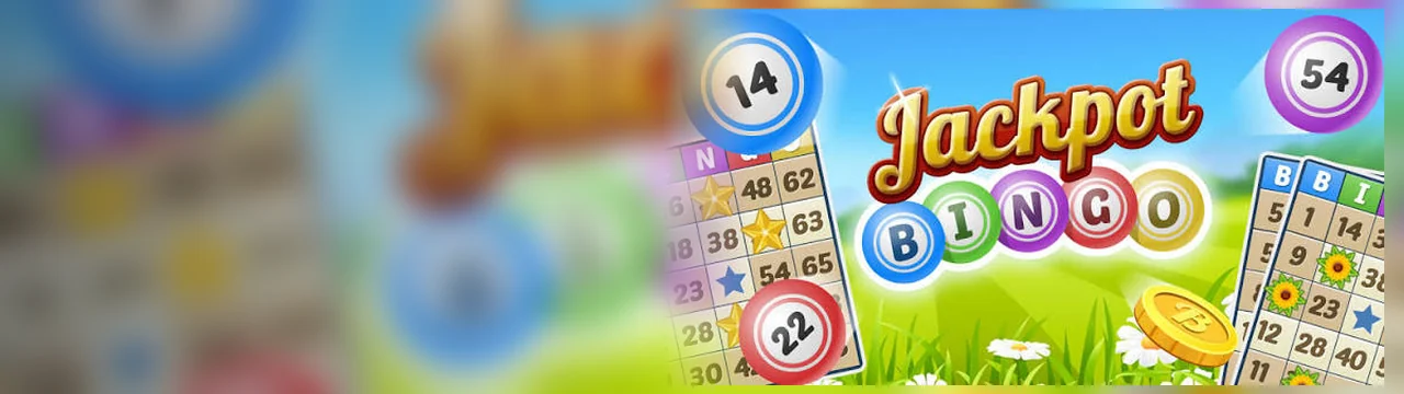 Jackpot Bingo: घास के मैदान पर शब्दचिह्न और कार्ड दिखाता पहला बैनर