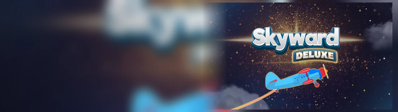 Skyward Deluxe: तारों भरे आकाश में शब्दचिह्न और नीला विमान दिखाता पहला बैनर